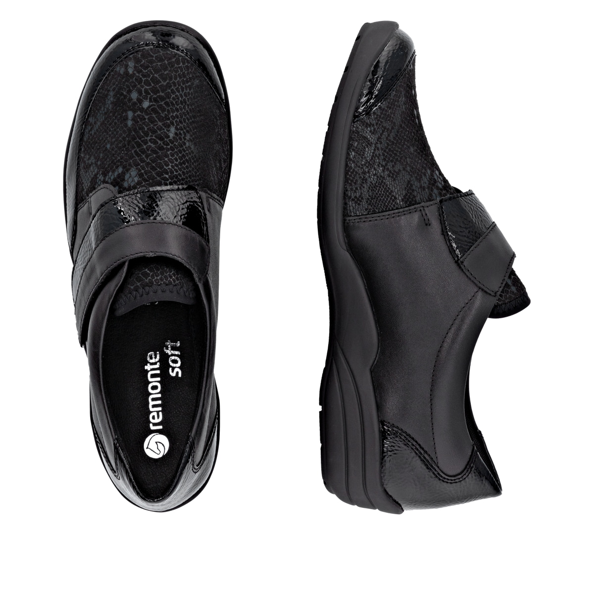 Schwarze remonte Damen Slipper R7600-00 mit Klettverschluss sowie Extraweite H. Schuh von oben, liegend.