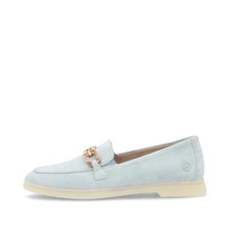 Blaue remonte Damen Loafer D2F00-12 mit Gummizug sowie gepolsterter Einlegesohle. Schuh Außenseite.