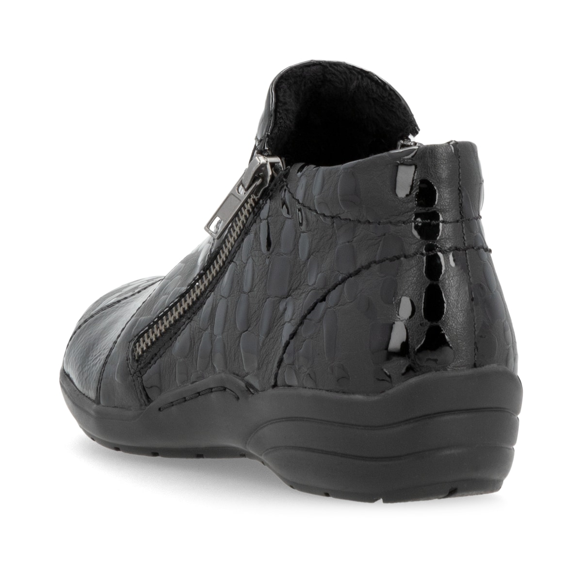 Schwarze remonte Damen Kurzstiefel R7674-04 mit einem Reißverschluss. Schuh von hinten.