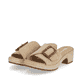 Lehmbeige remonte Damen Pantoletten D0N56-60 mit einem Klettverschluss. Schuhpaar seitlich schräg.