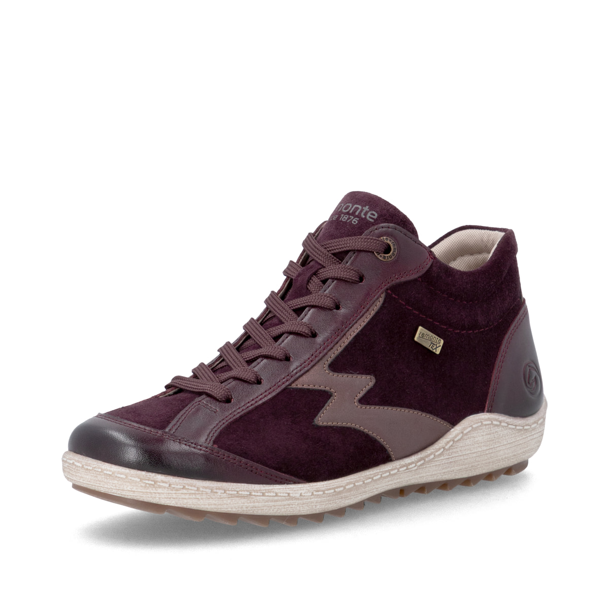 Weinrote remonte Damen Schnürstiefel R1454-35 mit wasserabweisender TEX-Membran. Schuh seitlich schräg.