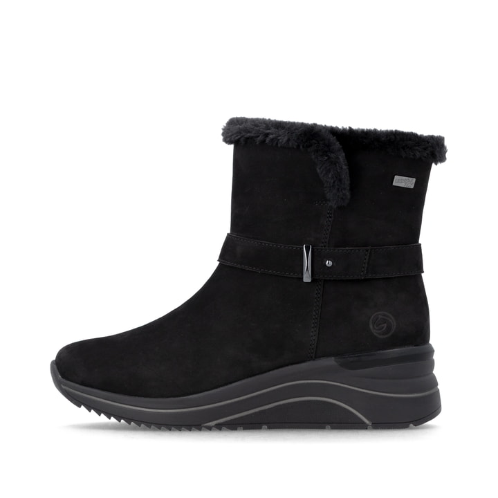 Schwarze remonte Damen Kurzstiefel D0T82-02 mit wasserabweisender TEX-Membran. Schuh Außenseite.