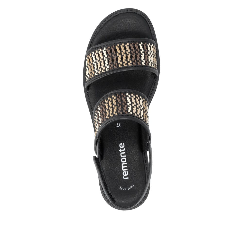 Schwarze vegane remonte Riemchensandalen D3646-03 mit einem Klettverschluss. Schuh von oben.
