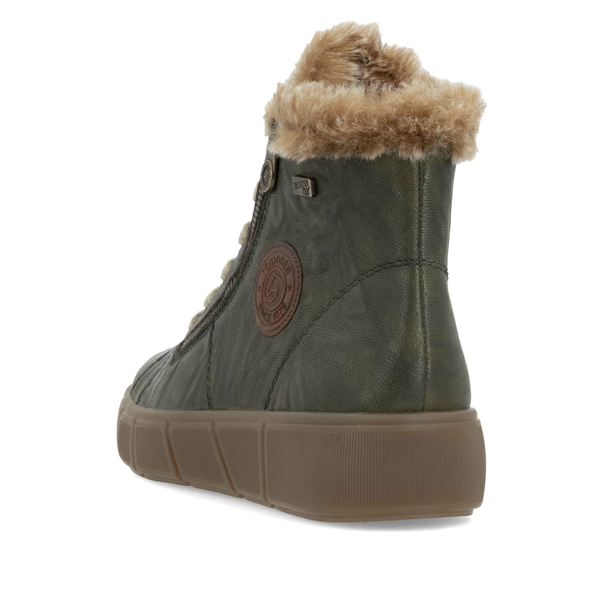 Grüne remonte Damen Schnürstiefel D1T72-52 mit wasserabweisender TEX-Membran. Schuh von hinten.