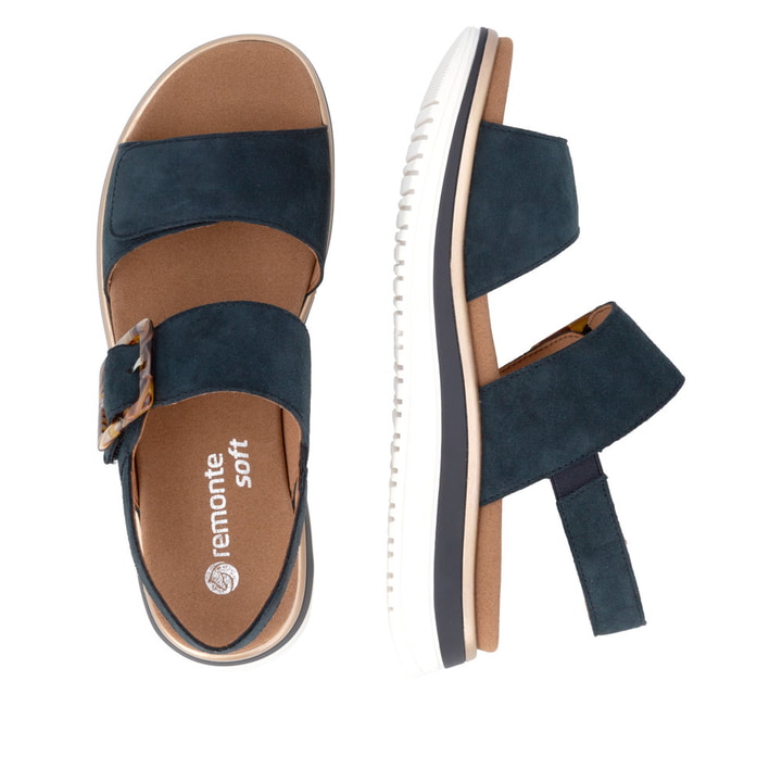 Blaue remonte Riemchensandalen D1J62-14 mit trendiger Schnalle. Schuh von oben, liegend.