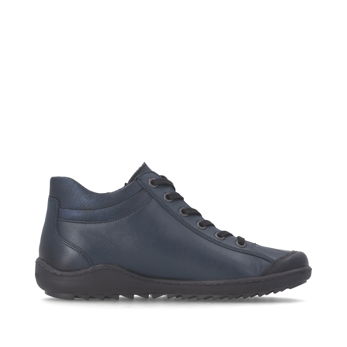 Dunkelblaue remonte Damen Schnürstiefel R1477-15 mit einem Reißverschluss. Schuh Innenseite.
