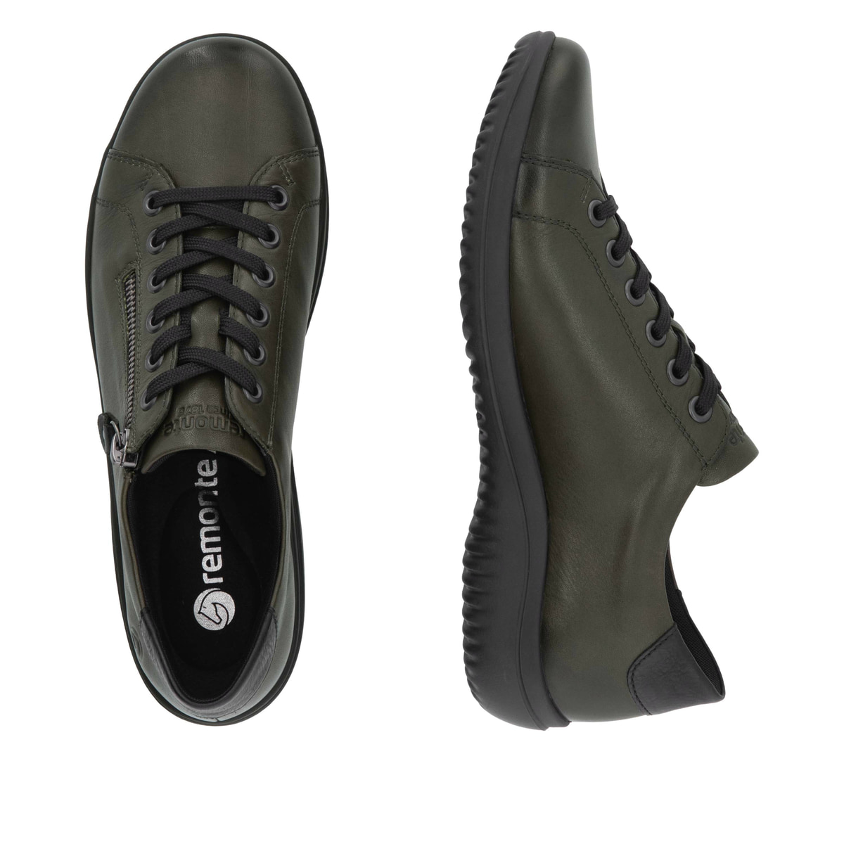 Grünschwarze remonte Damen Schnürschuhe D1E03-53 mit einem Reißverschluss. Schuh von oben, liegend.