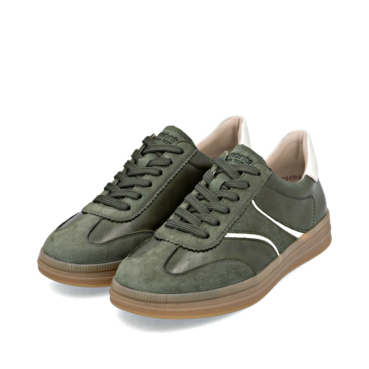 Grünweiße remonte Damen Sneaker D2C05-54 mit Schnürung sowie der Komfortweite G. Schuhpaar seitlich schräg.