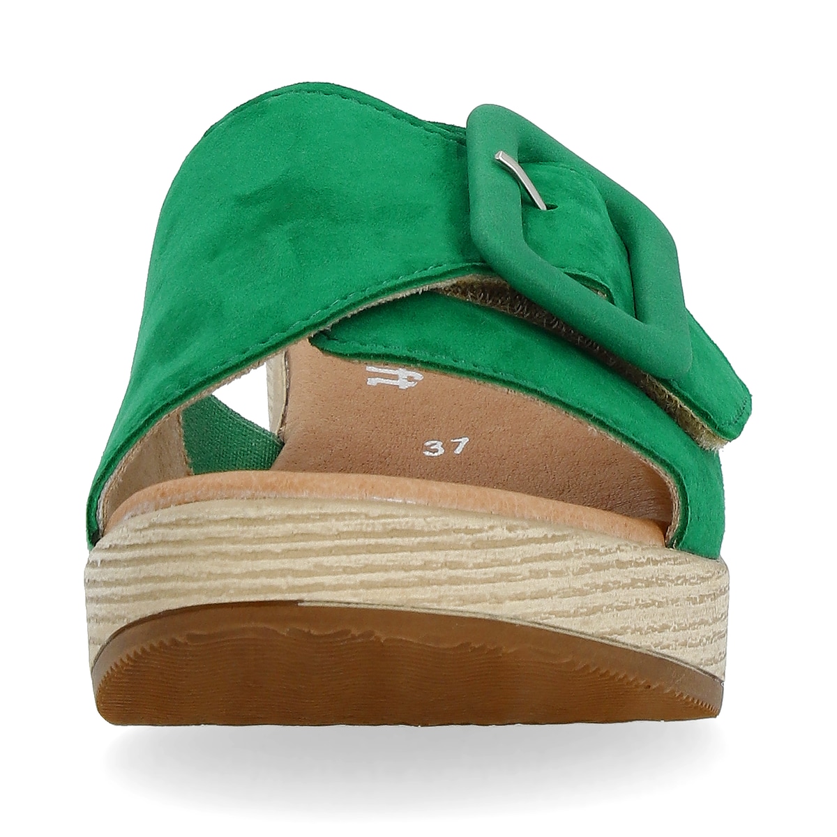 Smaragdgrüne remonte Damen Pantoletten D0N56-52 mit Klettverschluss. Schuh von vorne.