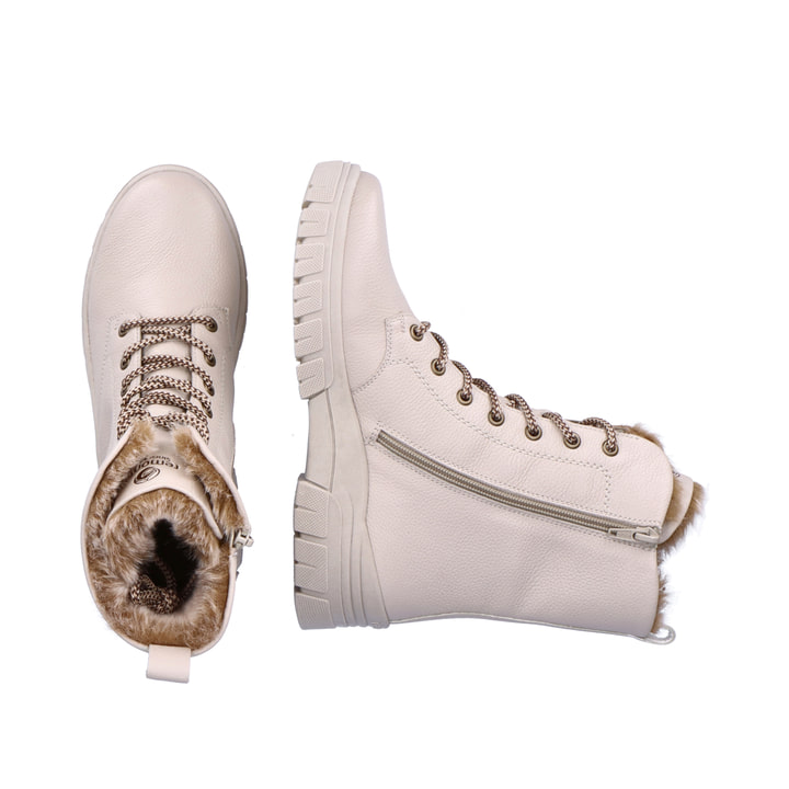 Hellbeige remonte Damen Schnürstiefel D0E72-60 mit einem Reißverschluss. Schuh von oben, liegend.