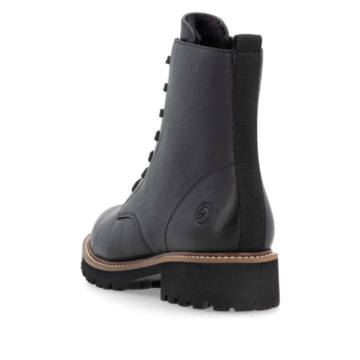 Schwarze remonte Damen Schnürstiefel D8661-00 mit einem Reißverschluss. Schuh von hinten.