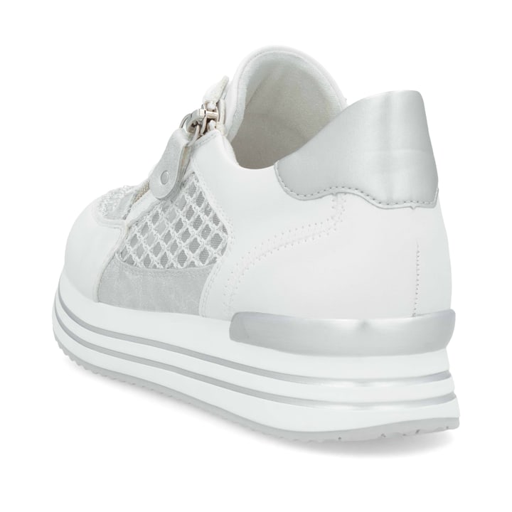 Weiße vegane remonte Damen Sneaker Low D1329-80 mit einem Reißverschluss. Schuh von hinten.