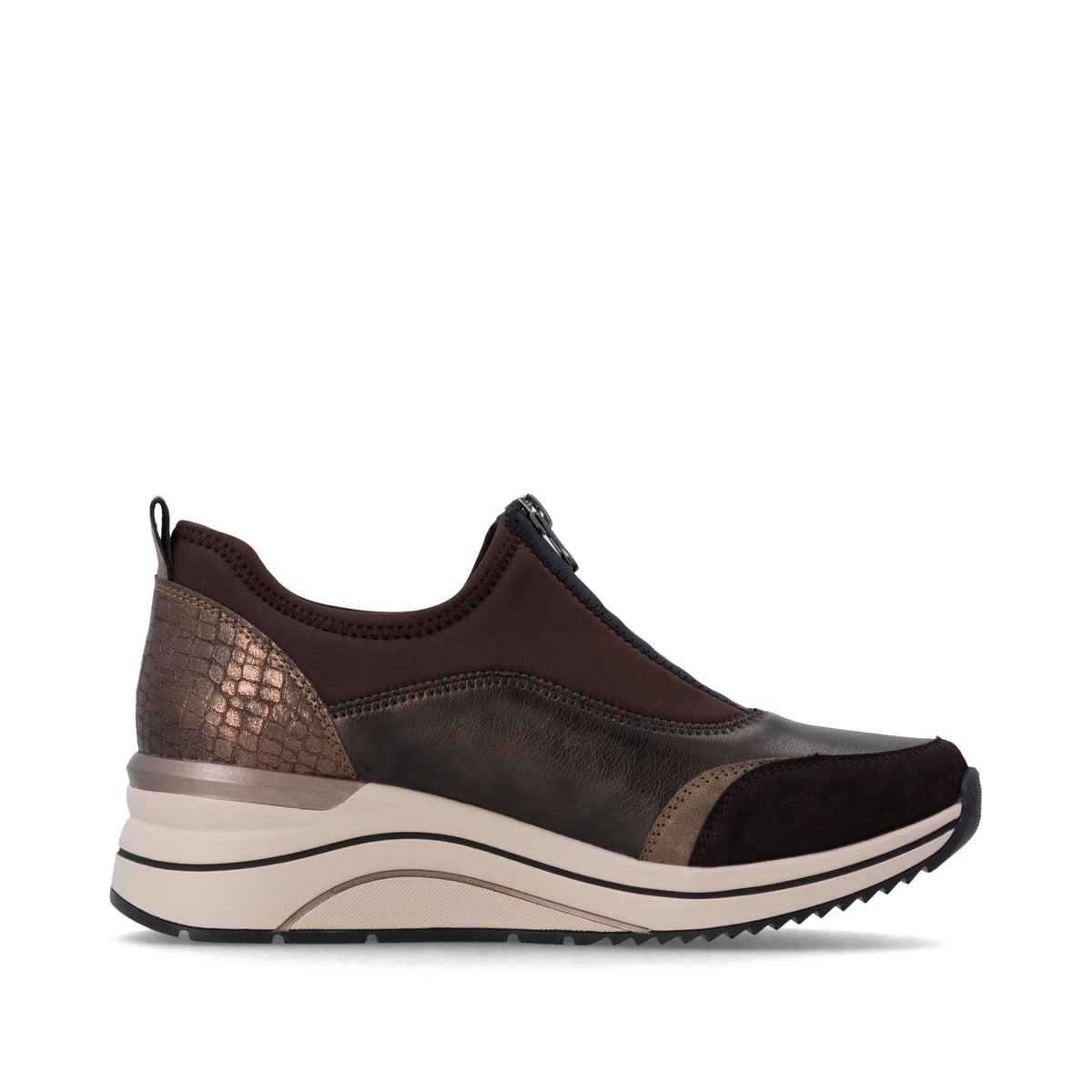 Mocassins remonte métalliques végan femmes D0T08-90 avec fermeture éclair. Côté intérieur de la chaussure.