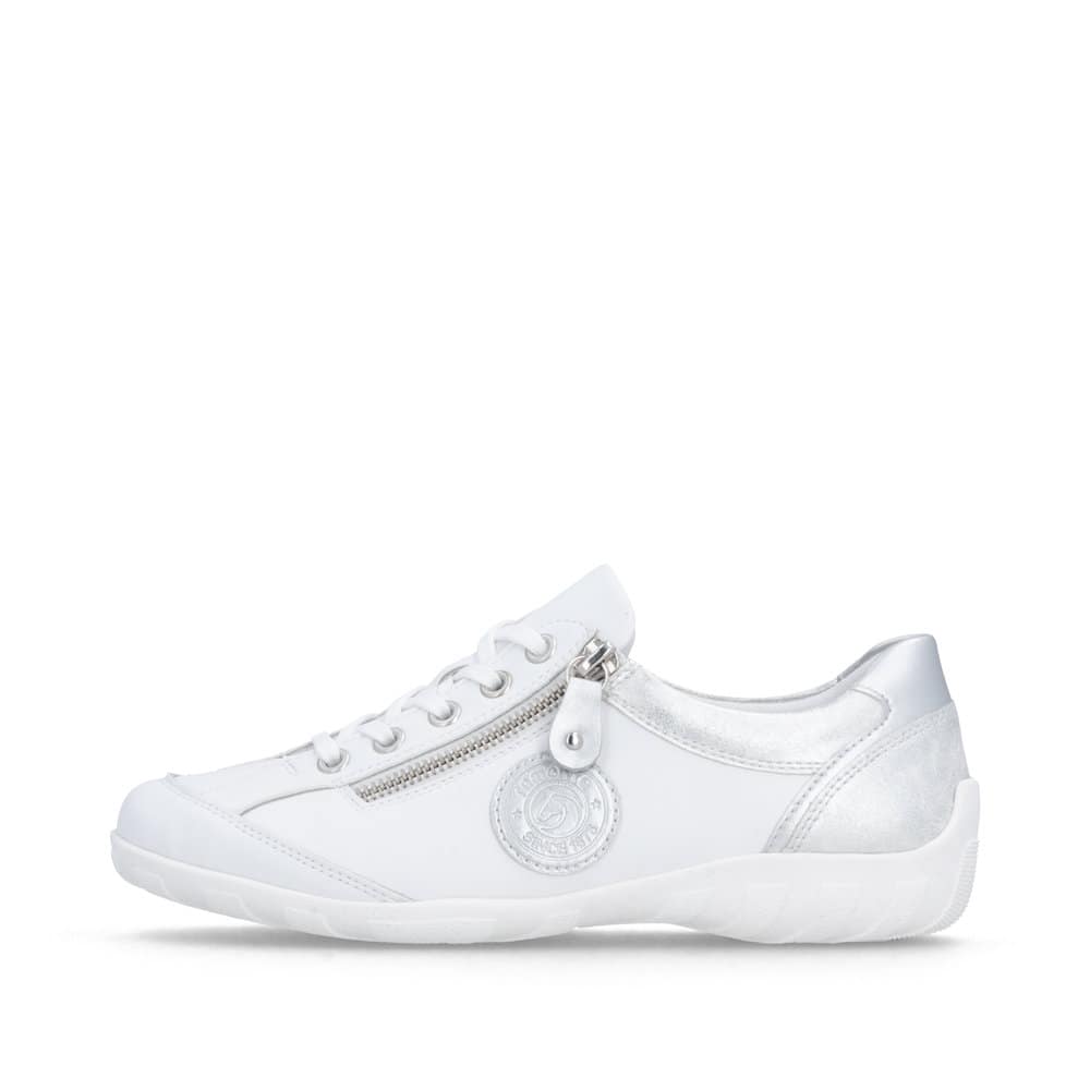 Weißsilberne vegane remonte Damen Schnürschuhe R3408-82 mit einem Reißverschluss. Schuh Außenseite.
