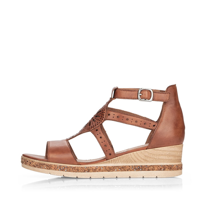 
Kastanienbraune remonte Damen Keilsandaletten D3053-24 mit einer leichten Sohle. Schuh Außenseite