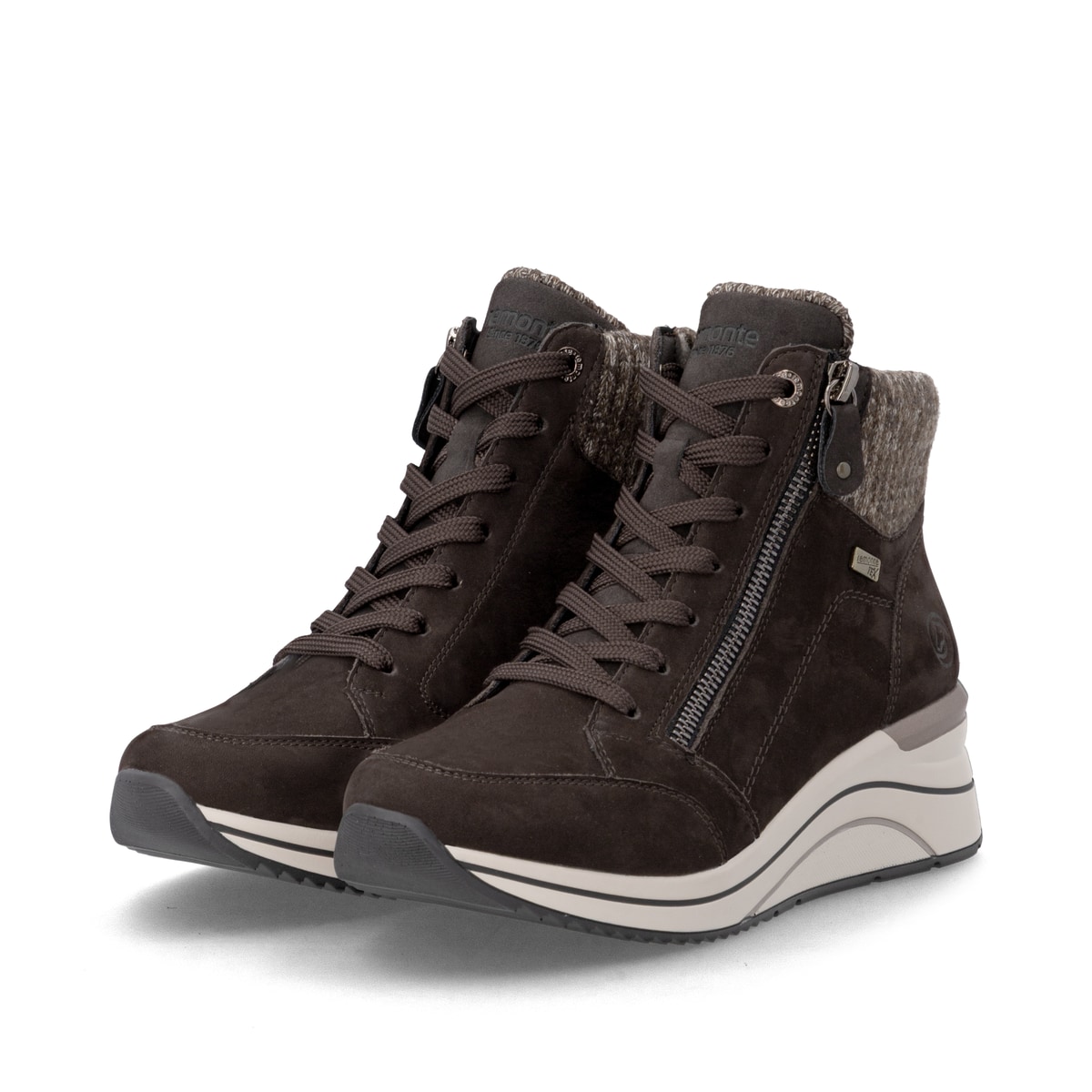 Dunkelbraune remonte Damen Schnürstiefel D0T77-25. Schuhpaar seitlich schräg.
