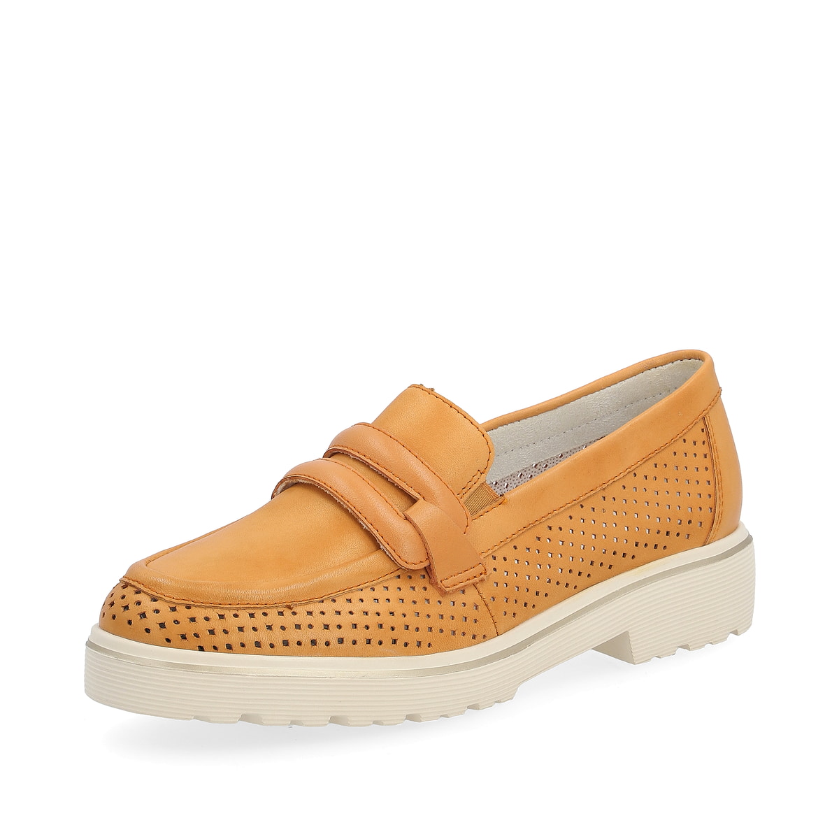 Glutorangene remonte Damen Loafer D1H03-38 mit Elastikeinsatz sowie Löcheroptik. Schuh seitlich schräg.
