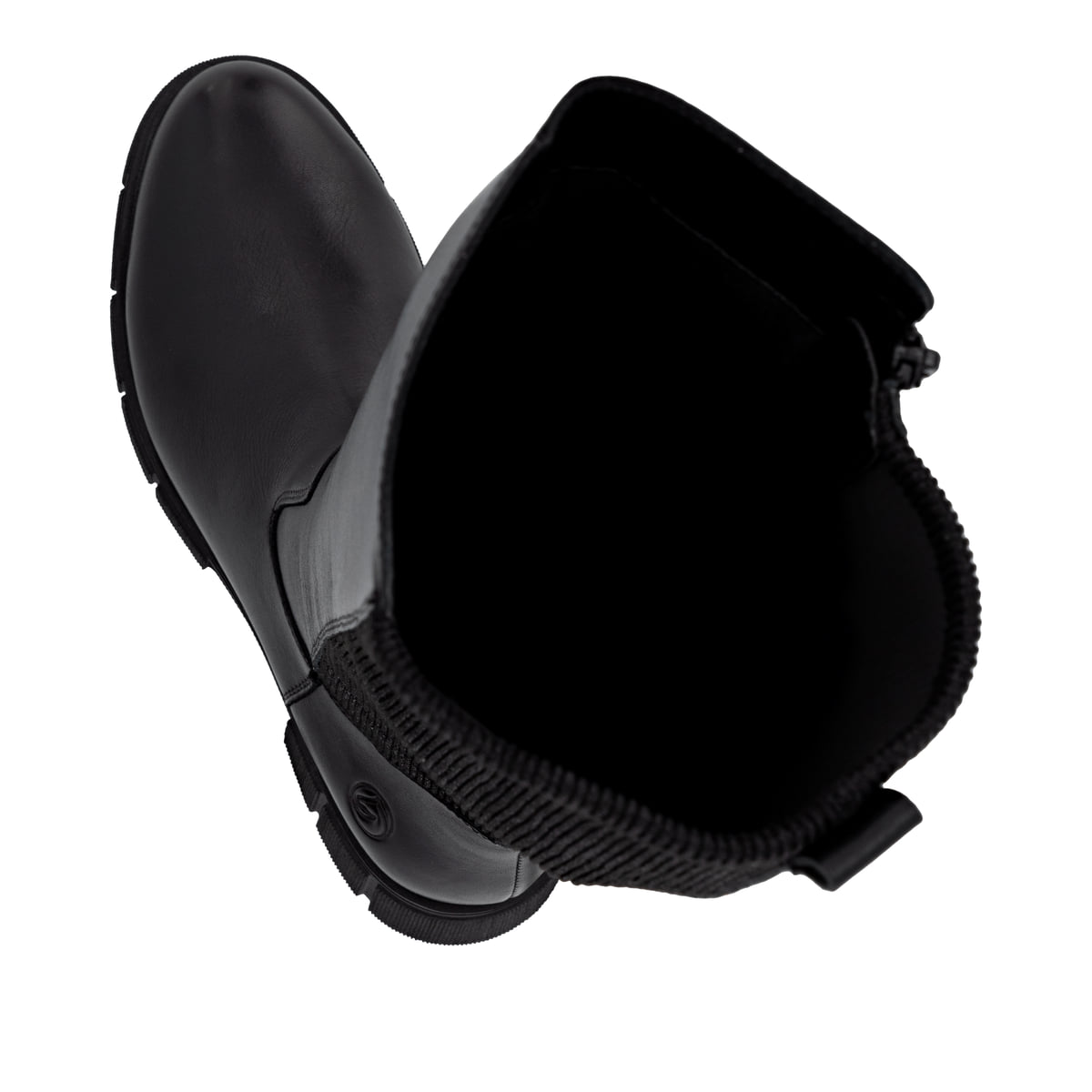 Schwarze remonte Hochschaftstiefel D2S74-00 mit einem Reißverschluss. Schuh von oben, liegend.
