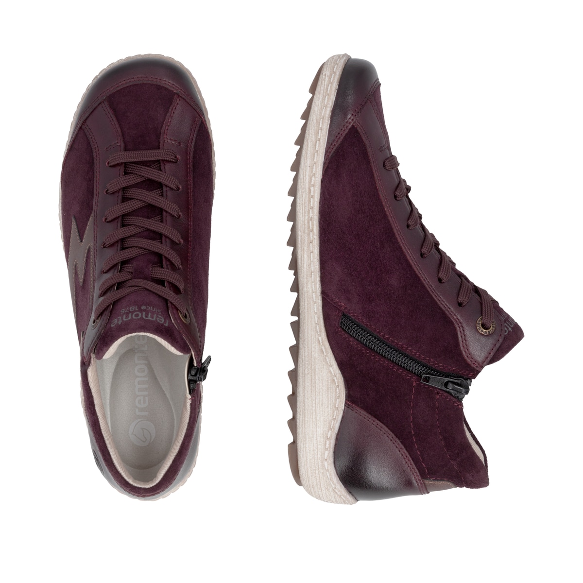 Weinrote remonte Damen Schnürstiefel R1454-35 mit wasserabweisender TEX-Membran. Schuh von oben, liegend.