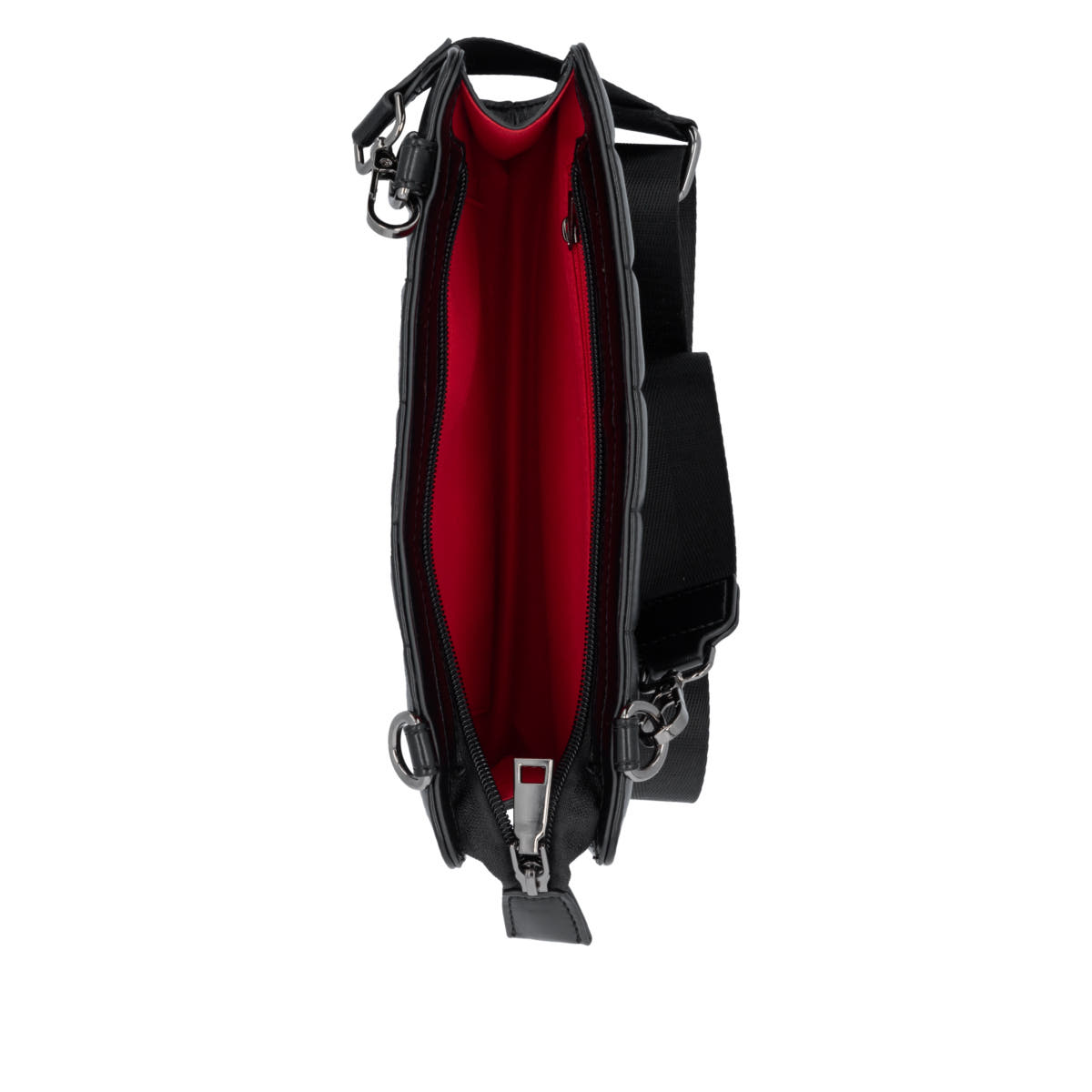 Sac à main remonte Q0649-01 en noir avec des bretelles ajustables et deux petites poches supplémentaires. Ouvert.