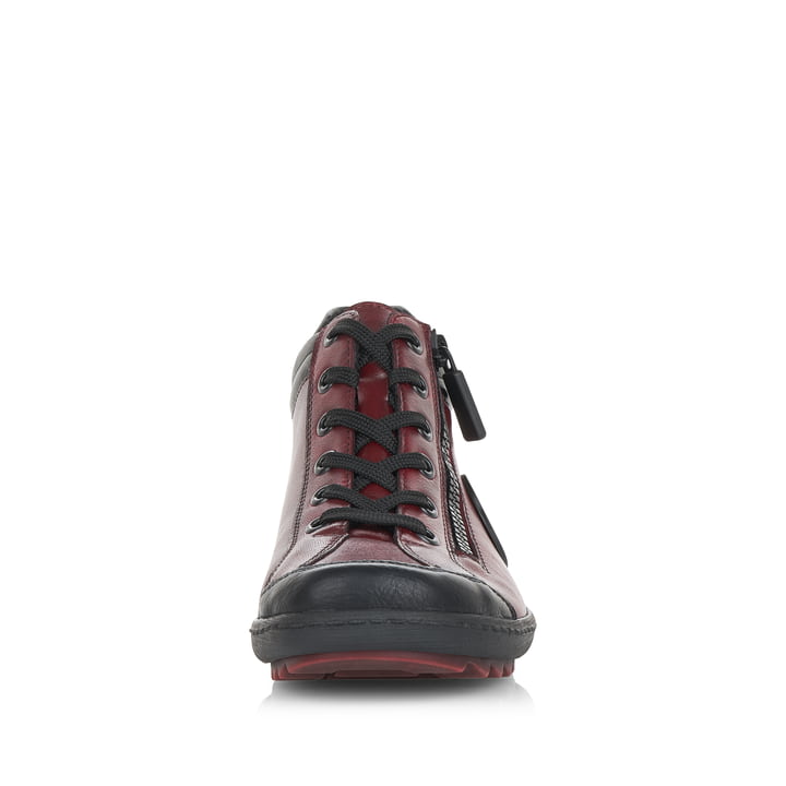 Weinrot-schwarze remonte Damen Schnürstiefel R1477-35 mit einem Reißverschluss. Schuh von vorne.