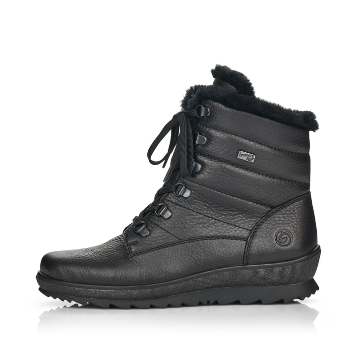 
Tiefschwarze remonte Damen Schnürstiefel R8480-01 mit Schnürung und Reißverschluss. Schuh Außenseite