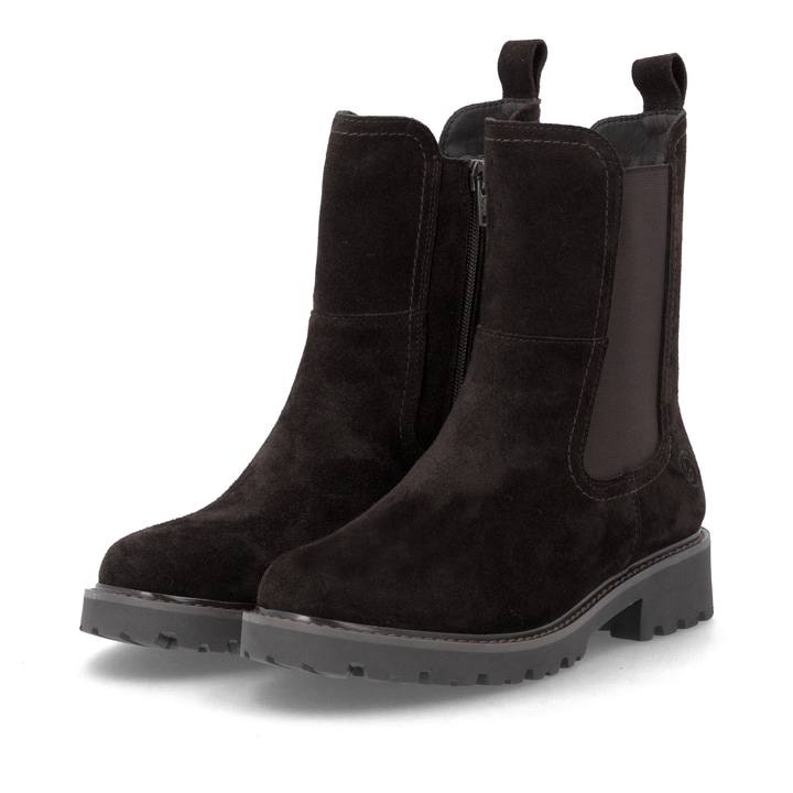 Dunkelbraune remonte Chelsea Boots D8694-26 mit einem Reißverschluss. Schuhpaar seitlich schräg.