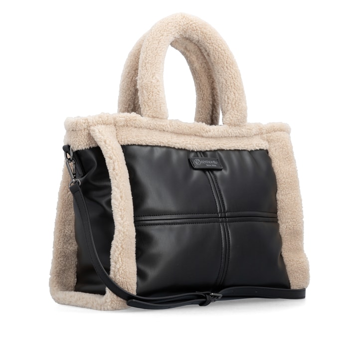 remonte Shopper Q0742-00 in Schwarz-Kombi mit fluffy Akzenten, geräumigem Hauptfach und zusätzlichem Schulterriemen. Linksseitig.