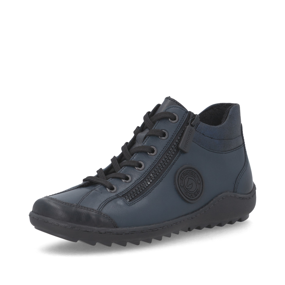 Dunkelblaue remonte Damen Schnürstiefel R1477-15 mit einem Reißverschluss. Schuh seitlich schräg.