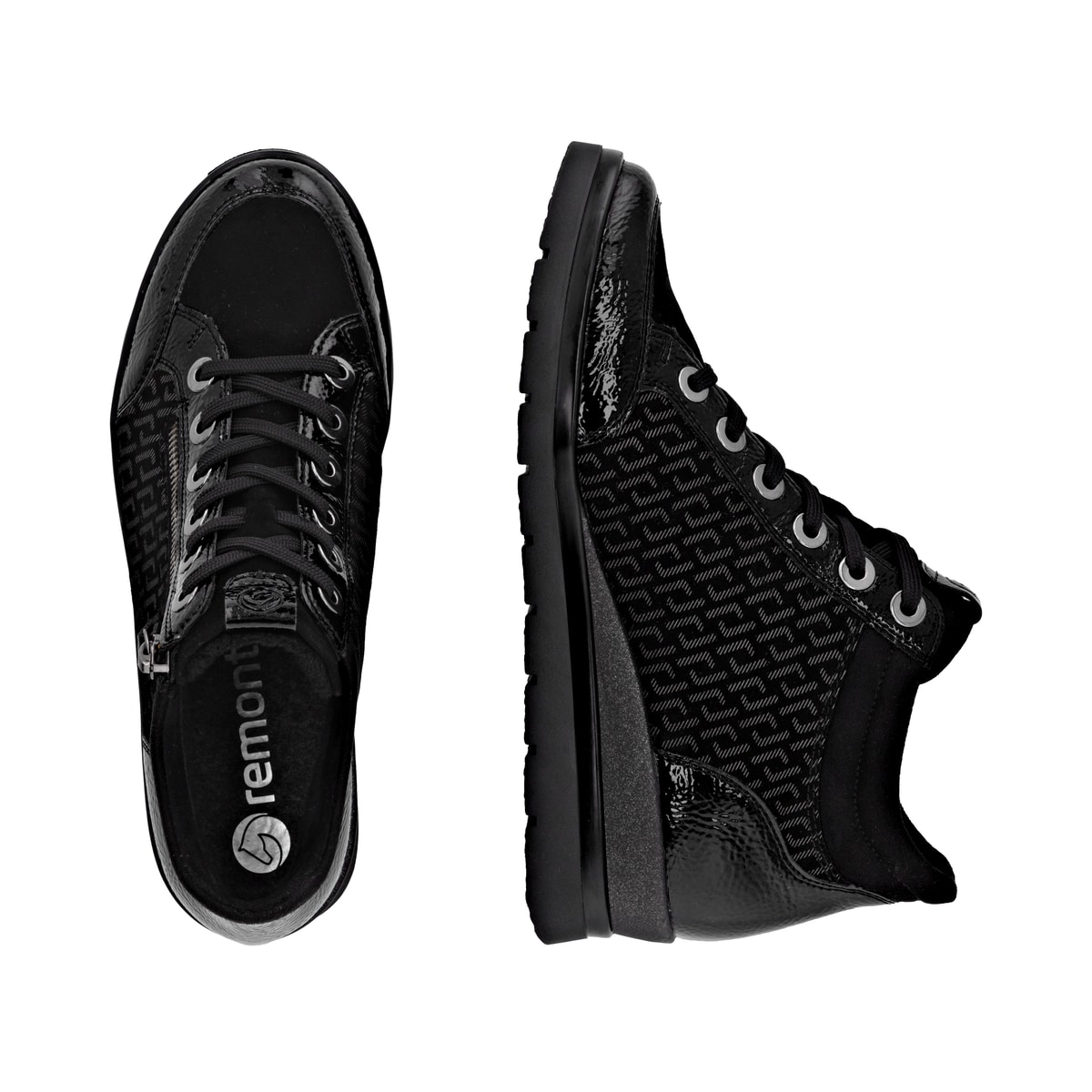 Schwarze remonte Damen Schnürstiefel R0773-05 mit einem Reißverschluss. Schuh von oben, liegend.