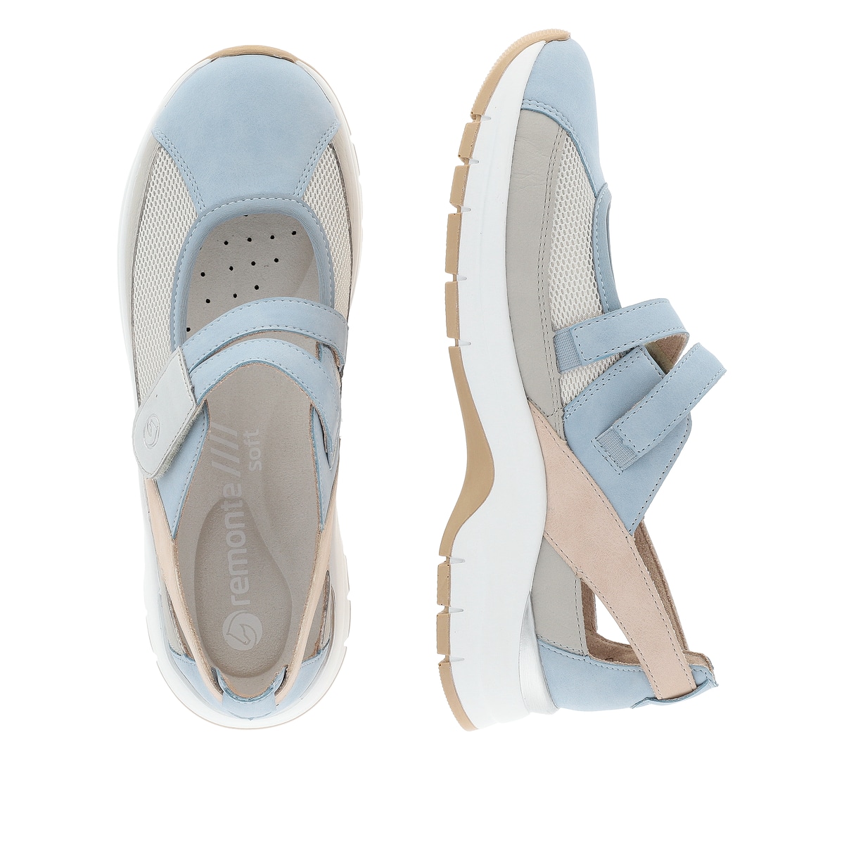 Blaue remonte Ballerinas D0G08-10 mit einem Klettverschluss sowie Extraweite H. Schuh von oben, liegend.