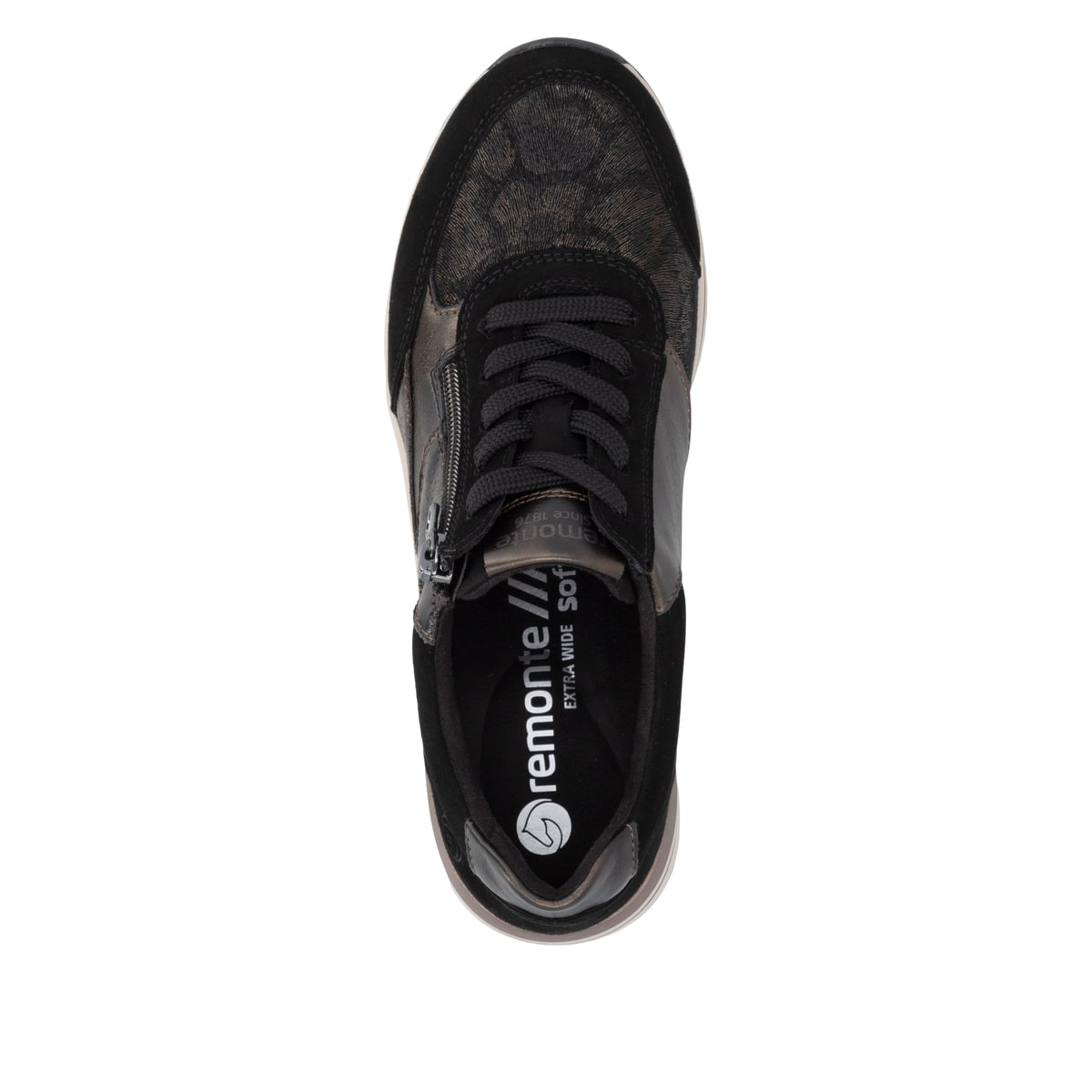 Schwarz-bronzene remonte Damen Schnürschuhe D0T23-03 mit einem Reißverschluss. Schuh von oben.