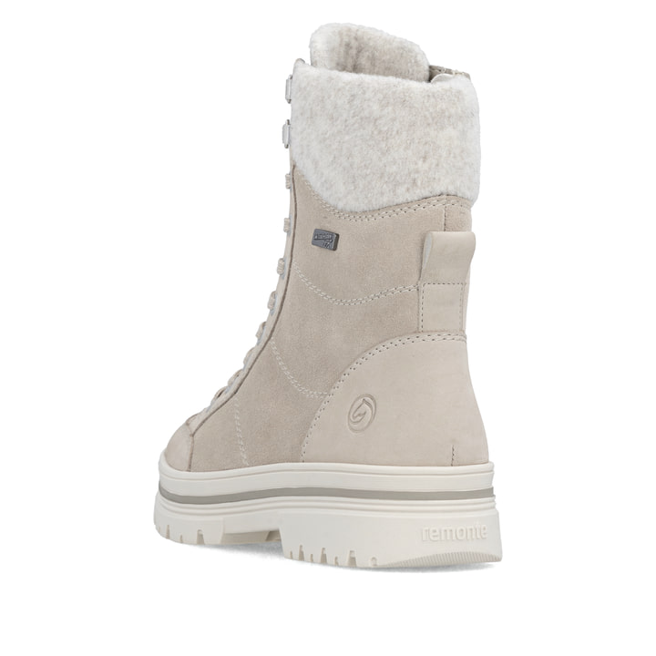 Beige remonte Damen Schnürstiefel D2U70-62 mit griffiger Glass-Fibre Sohle. Schuh von hinten.