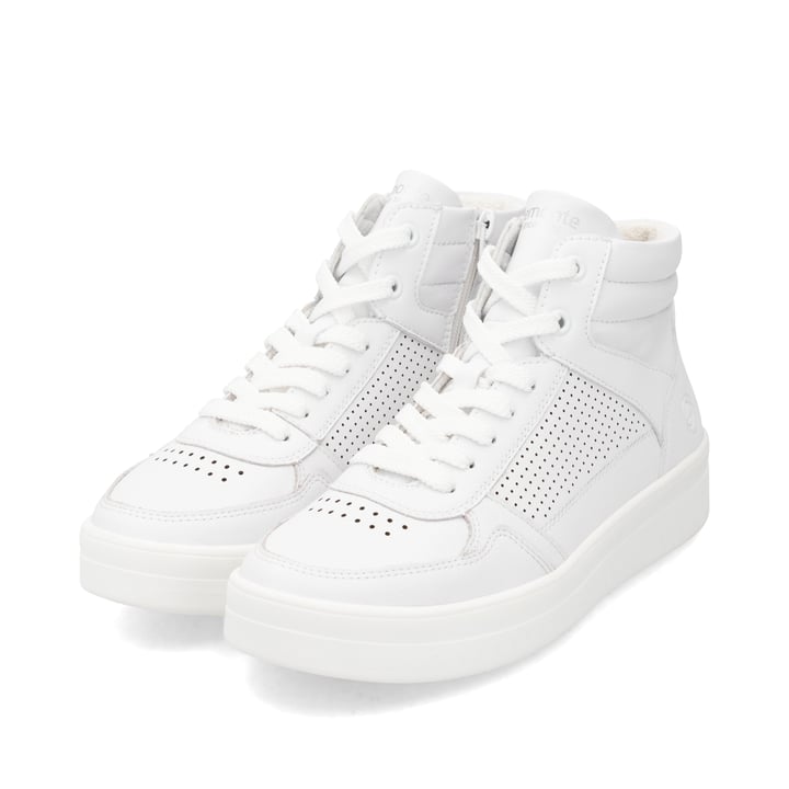 Weiße remonte Damen Sneaker High D0J70-84 mit einem Reißverschluss. Schuhpaar seitlich schräg.