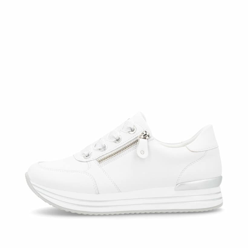 Weiße remonte Damen Sneaker Low D1302-82 mit Reißverschluss sowie Komfortweite G. Schuh Außenseite.
