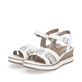Lilienweiße remonte Keilsandaletten D6461-80 mit einem Klettverschluss. Schuhpaar seitlich schräg.