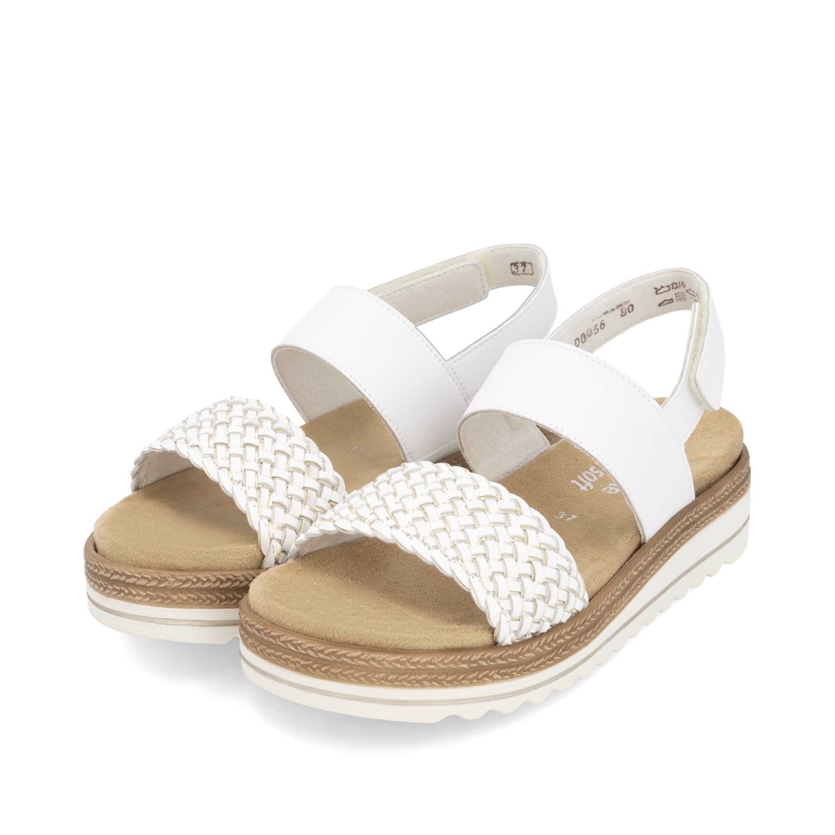 Weiße remonte Riemchensandalen D0Q56-80 mit einem Klettverschluss. Schuhpaar seitlich schräg.