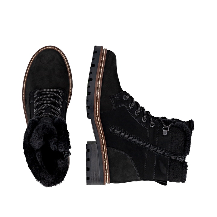 Schwarze remonte Damen Schnürstiefel D0B81-00 mit wasserabweisender TEX-Membran. Schuh von oben, liegend.