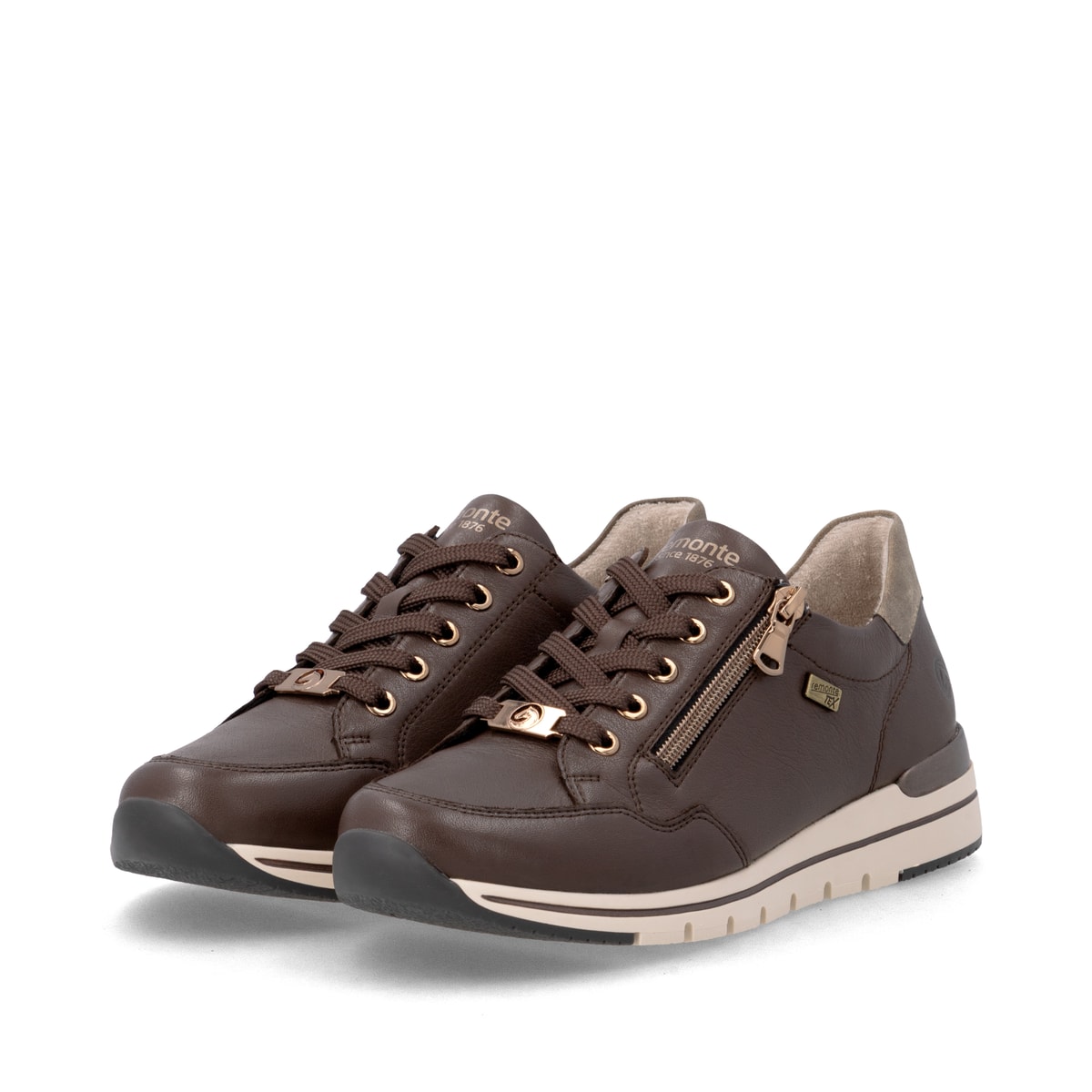 Baskets basses remonte marron femmes R6716-25 avec membrane remonteTEX. Chaussures inclinées sur le côté.