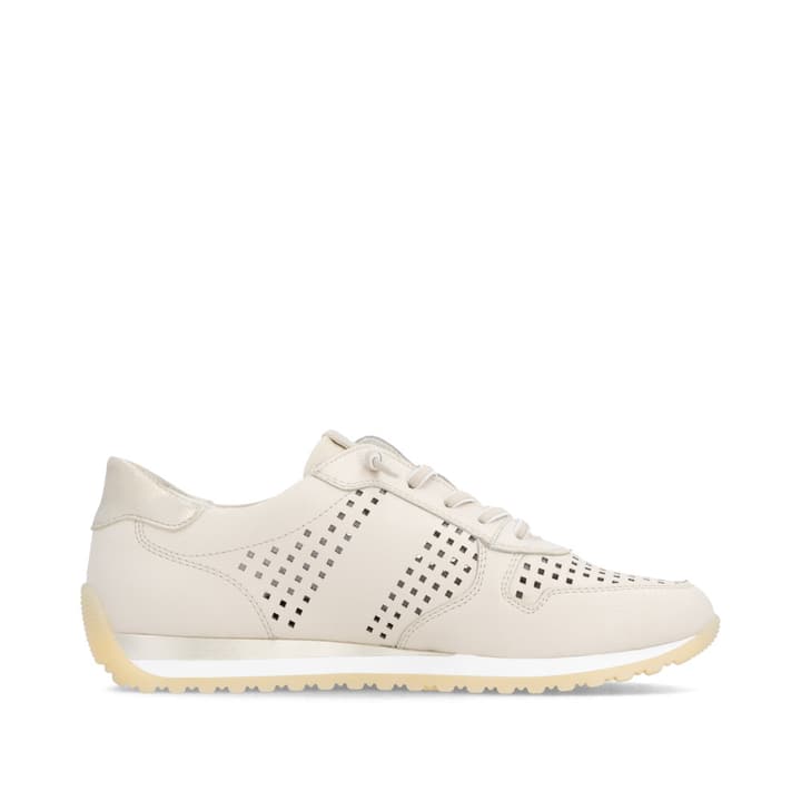 Beige remonte Damen Sneaker D3H04-60 mit eleganten Zierlochungen sowie Schnürung. Schuh Innenseite.