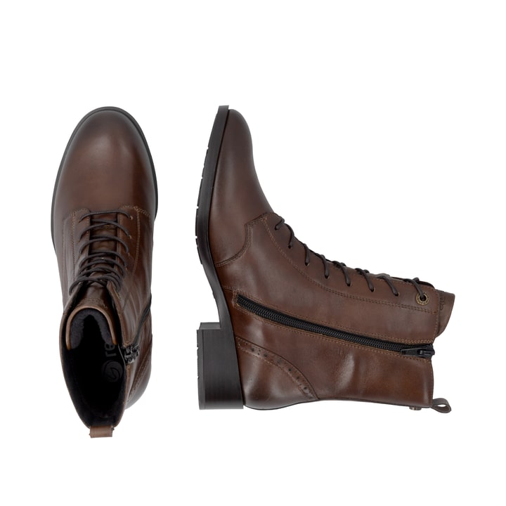 Braune remonte Damen Schnürstiefel D3U71-22 mit einem Reißverschluss. Schuh von oben, liegend.
