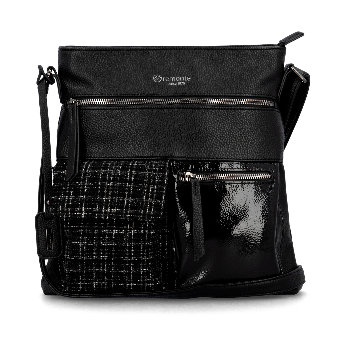 Sac bandoulière remonte Q0729-01 en noir avec des bretelles ajustables et deux poches extérieures. Face avant.