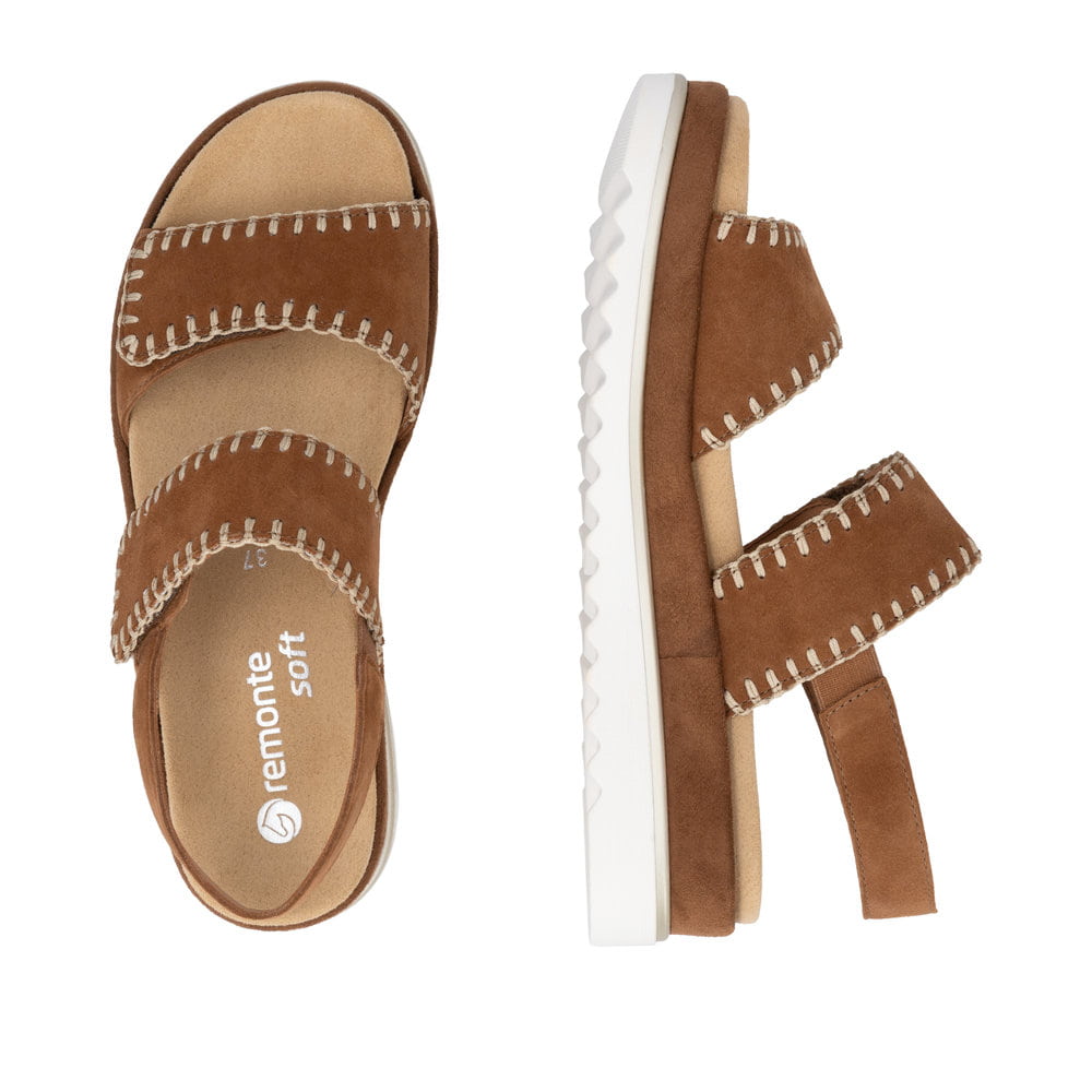 Braune remonte Riemchensandalen D3P50-22 mit handgestickten Nähten. Schuh von oben, liegend.