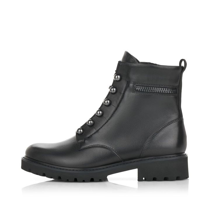 
Glanzschwarze remonte Damen Biker Boots D8670-01 mit einer besonders leichten Sohle. Schuh Außenseite