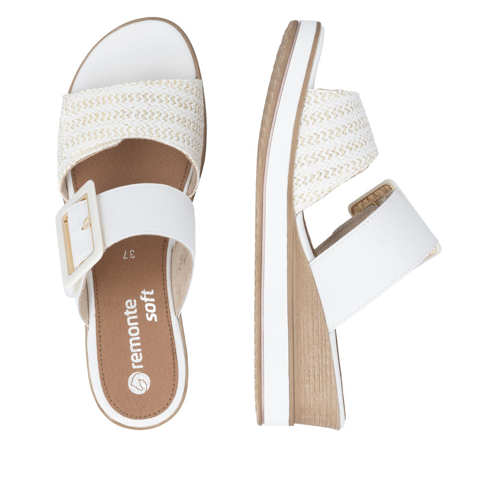Weiße remonte Damen Pantoletten D6463-80 mit trendiger Schnalle. Schuh von oben, liegend.