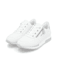 Weiße remonte Damen Sneaker Low D0H11-80 mit einem Reißverschluss. Schuhpaar seitlich schräg.