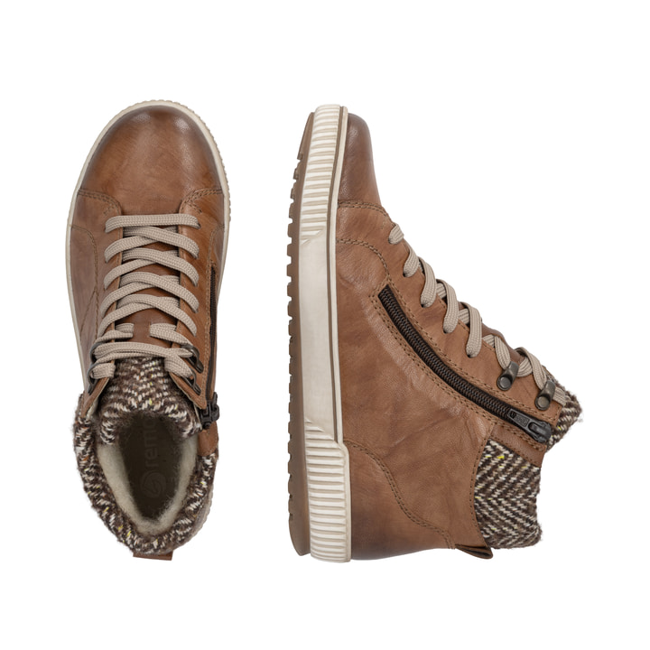 Cognacfarbene remonte Damen Schnürstiefel D0784-22. Schuh von oben, liegend.