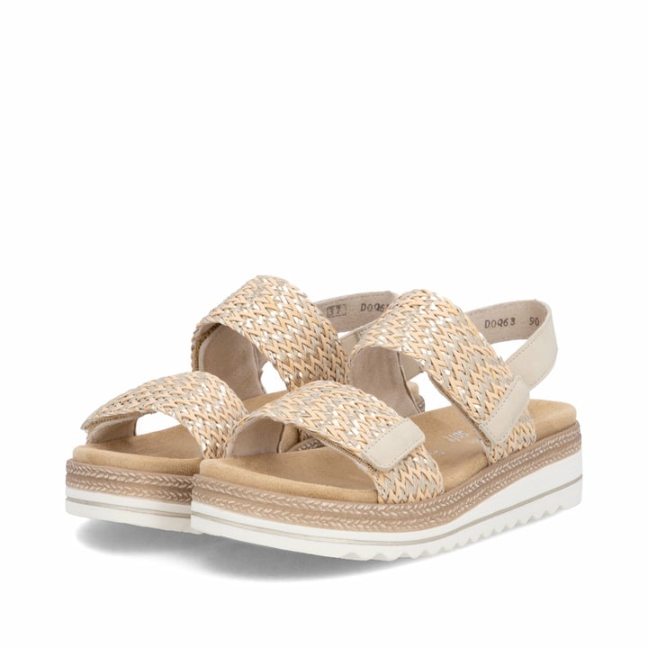 Metallische remonte Keilsandaletten D0Q63-90 mit einem Klettverschluss. Schuhpaar seitlich schräg.