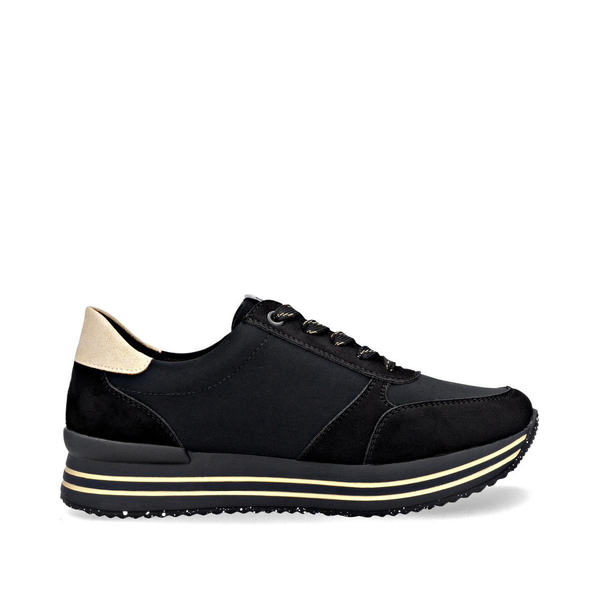 Schwarze remonte Damen Sneaker D1330-03 mit Reißverschluss sowie Komfortweite G. Schuh von hinten.