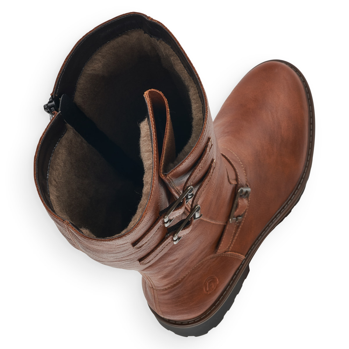Bottes à tige haute remonte marron pour femme R6590-22. Chaussure vue de dessus, couchée.